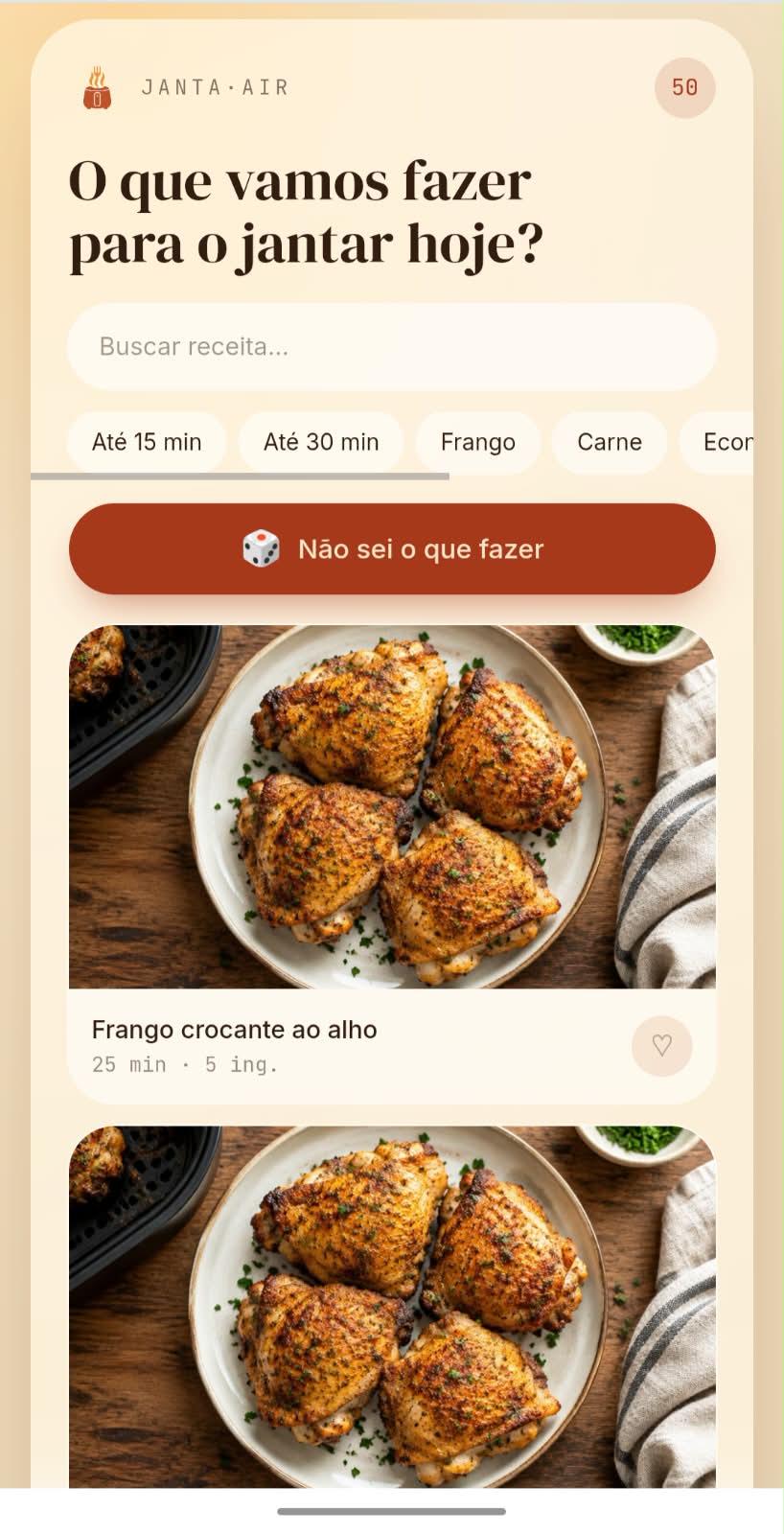 Tela inicial do JantaAir com receitas